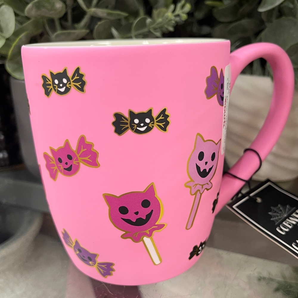 Pink Halloween Cat Pumpkin Lollipops & Bats Smooth Matte Soft Touch Mug NWT